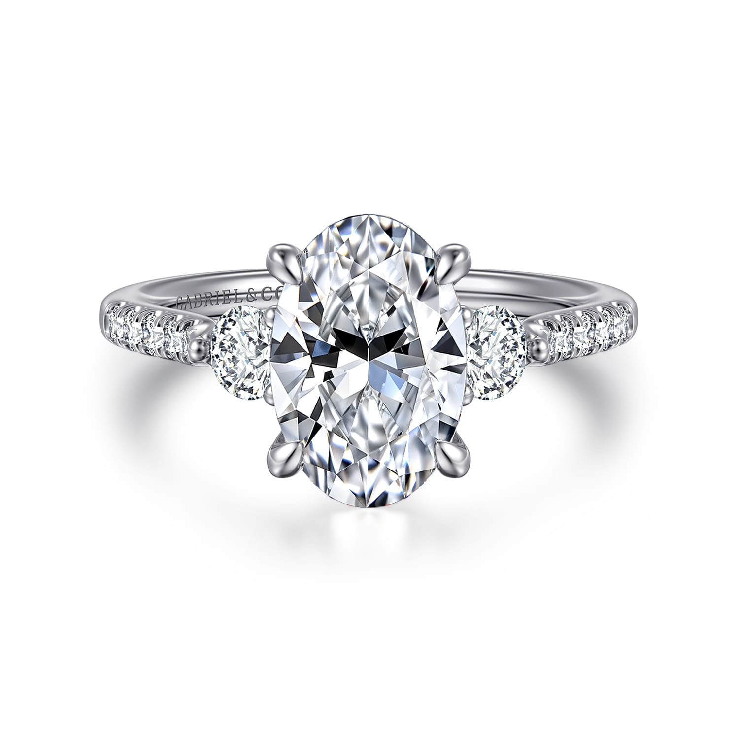 Moon - 14K White Gold Oval Three Stone Lotus Diamond Engagement Ring - 0.45 ct - Shot 1