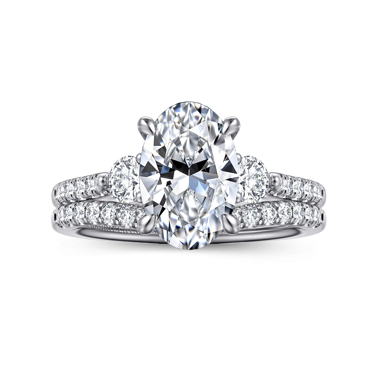 Moon - 14K White Gold Oval Three Stone Lotus Diamond Engagement Ring - 0.45 ct - Shot 4