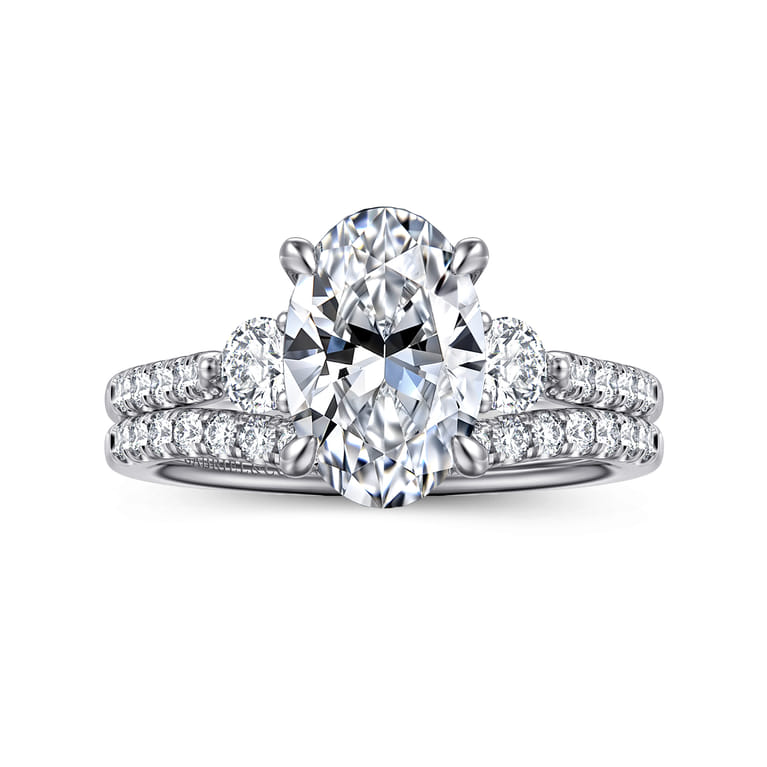 Moon - 14K White Gold Oval Three Stone Lotus Diamond Engagement Ring - 0.45 ct - Shot 4