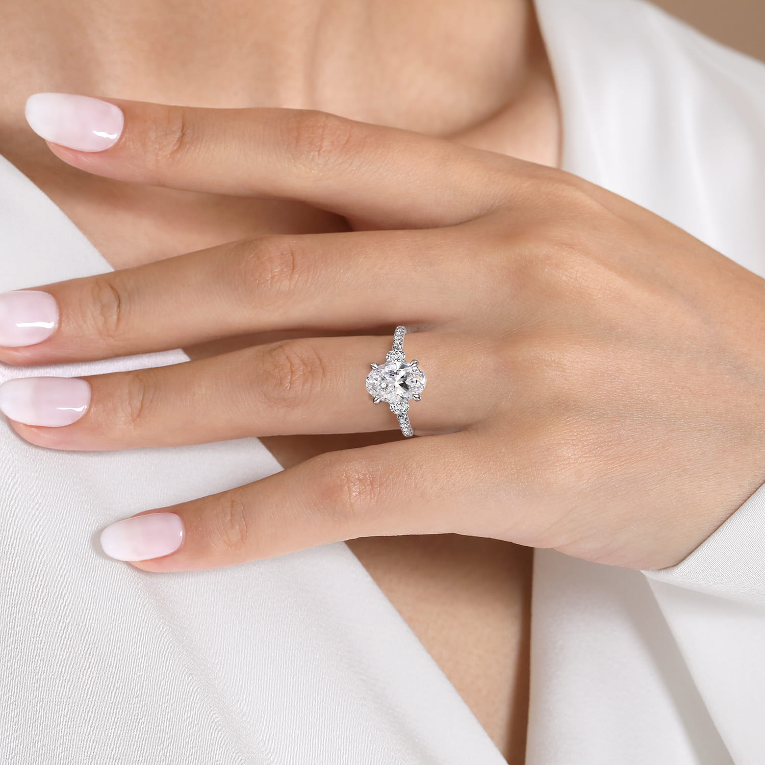 Moon - 14K White Gold Oval Three Stone Lotus Diamond Engagement Ring - 0.45 ct - Shot 6