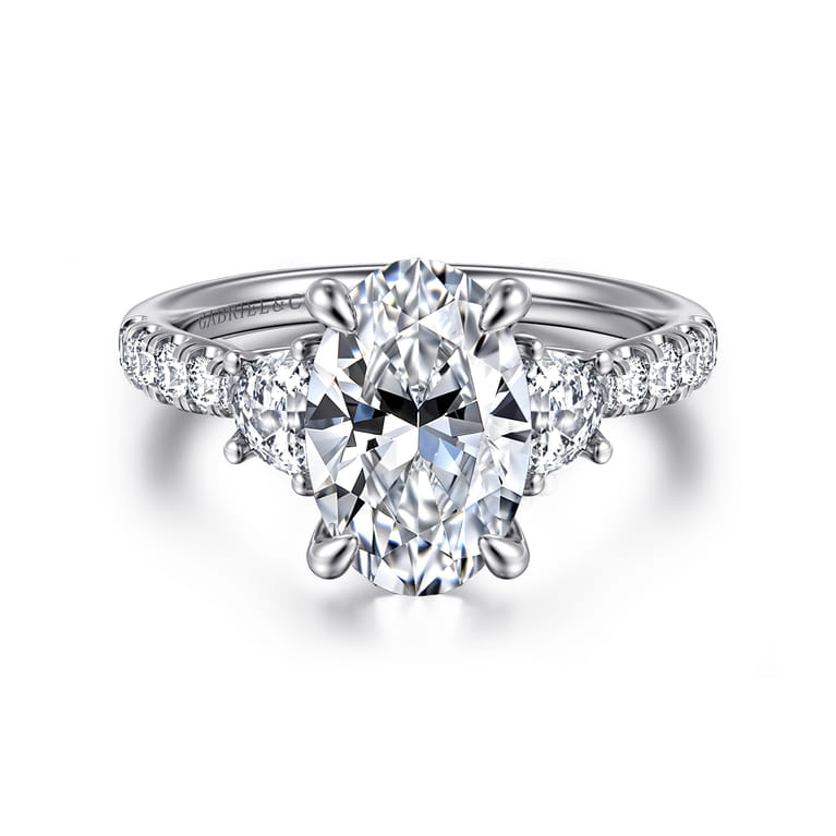 Dee - 14K White Gold Oval Three Stone Lotus Diamond Engagement Ring - 0.6 ct - Shot 1