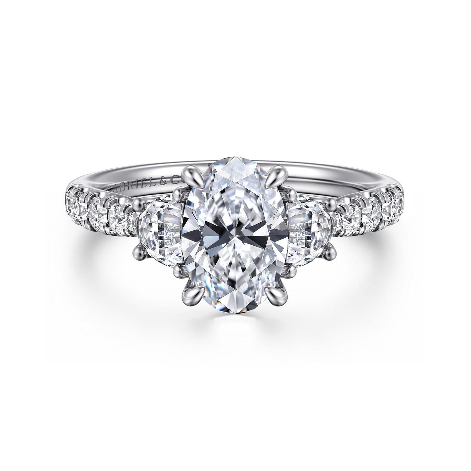 Dee - 14K White Gold Oval Three Stone Lotus Diamond Engagement Ring - 0.6 ct - Shot 1