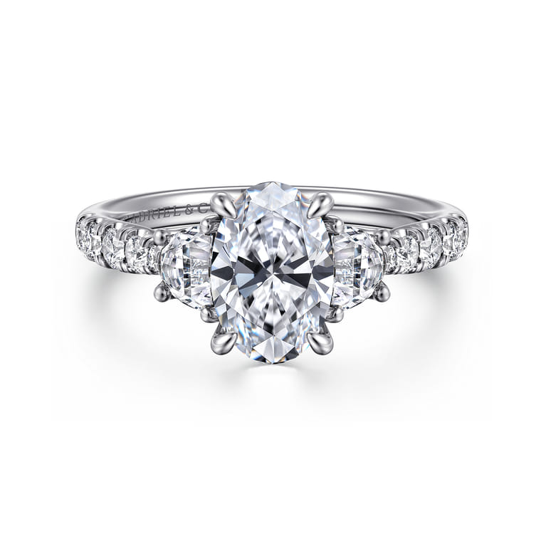 Dee - 14K White Gold Oval Three Stone Lotus Diamond Engagement Ring - 0.6 ct - Shot 1