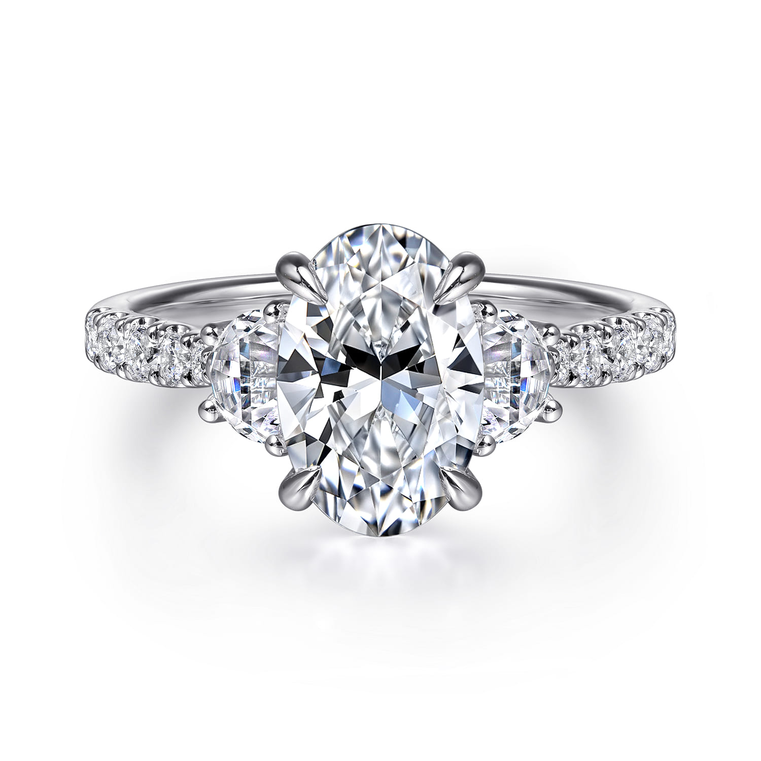 Dee - 14K White Gold Oval Three Stone Lotus Diamond Engagement Ring - 0.65 ct - Shot 1