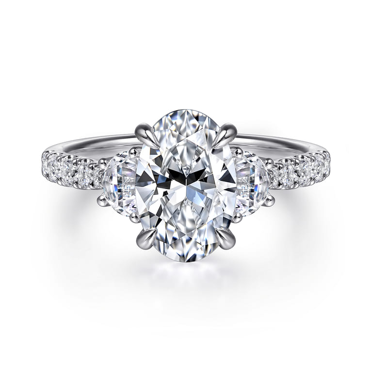 Dee - 14K White Gold Oval Three Stone Lotus Diamond Engagement Ring - 0.65 ct - Shot 1