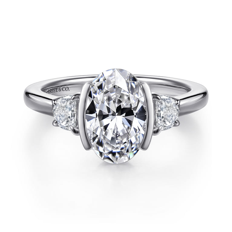Colleen - 14K White Gold Half Bezel Oval Three Stone Diamond Engagement Ring - 0.3 ct - Shot 1