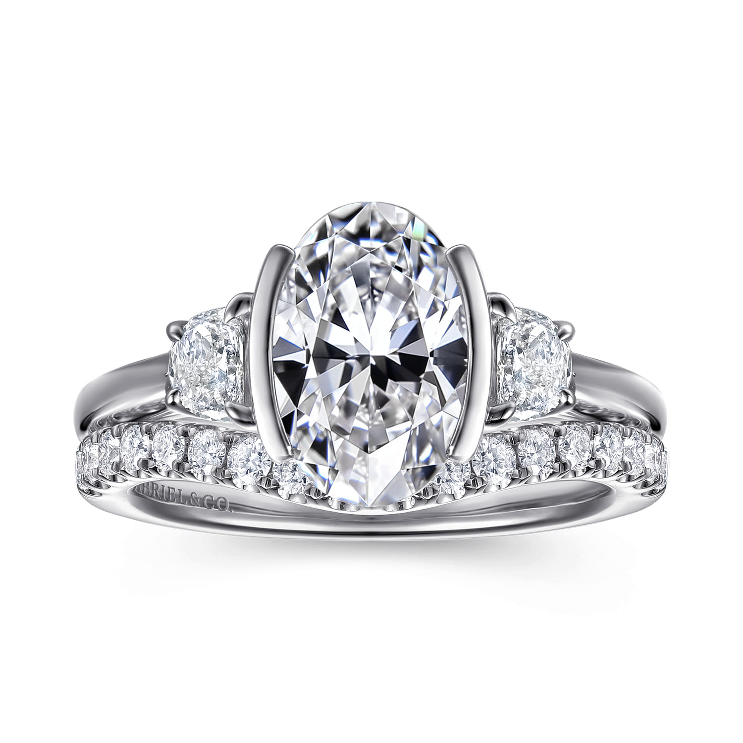 Colleen - 14K White Gold Half Bezel Oval Three Stone Diamond Engagement Ring - 0.3 ct - Shot 4