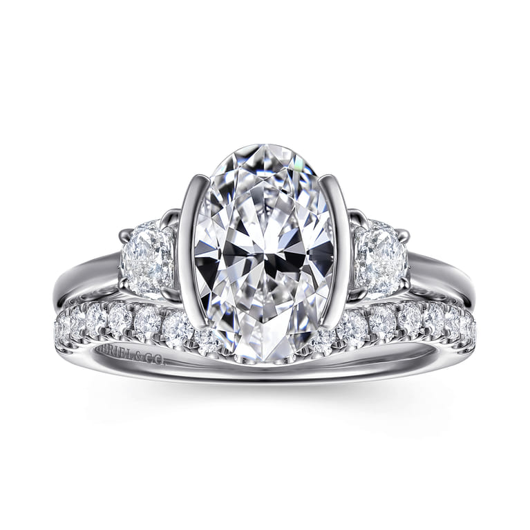 Colleen - 14K White Gold Half Bezel Oval Three Stone Diamond Engagement Ring - 0.3 ct - Shot 4