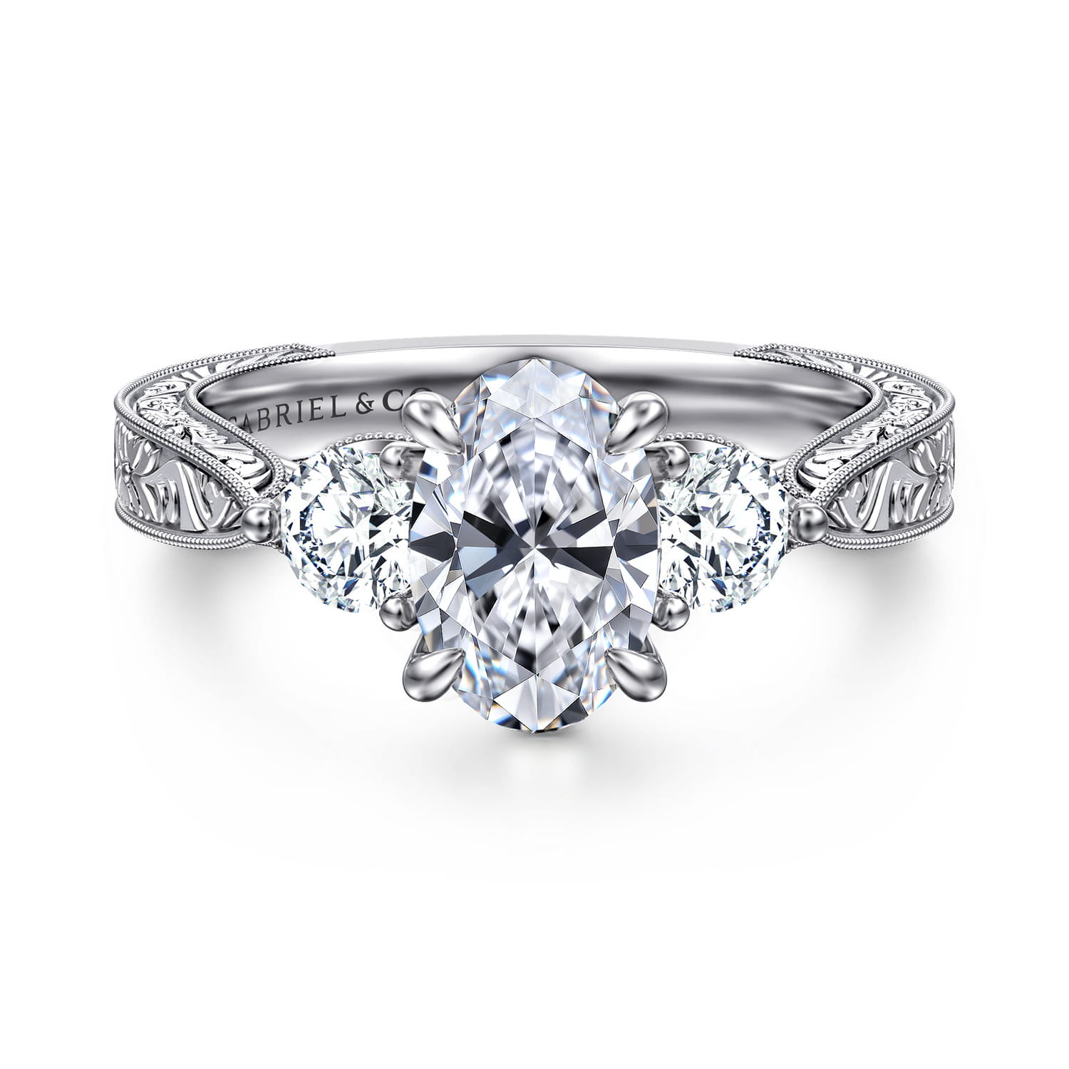 Dany - Vintage Inspired 14K White Gold Oval Three Stone Diamond Engagement Ring - 0.5 ct - Shot 1