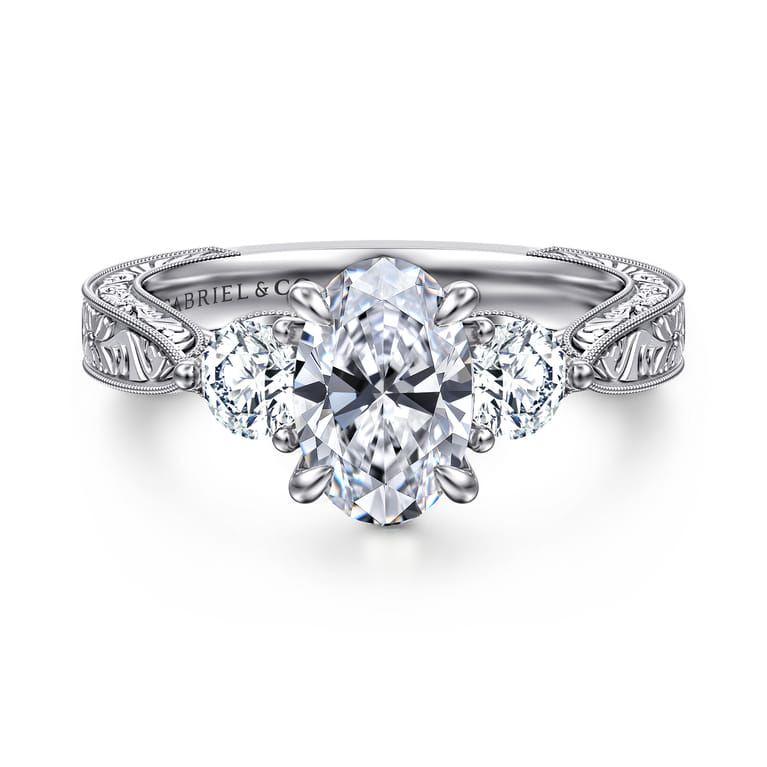 Dany - Vintage Inspired 14K White Gold Oval Three Stone Diamond Engagement Ring - 0.5 ct - Shot 1