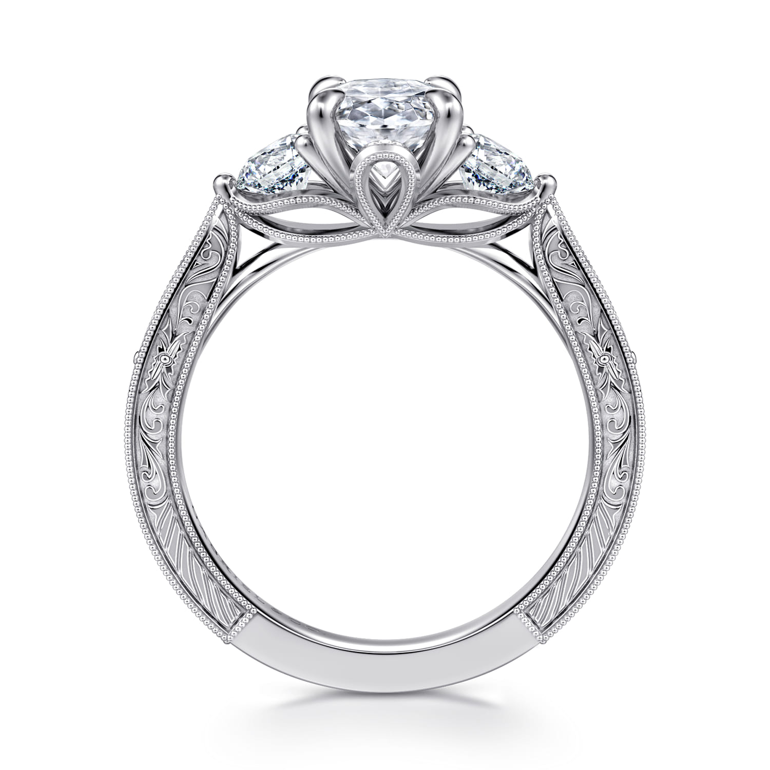 Dany - Vintage Inspired 14K White Gold Oval Three Stone Diamond Engagement Ring - 0.5 ct - Shot 2