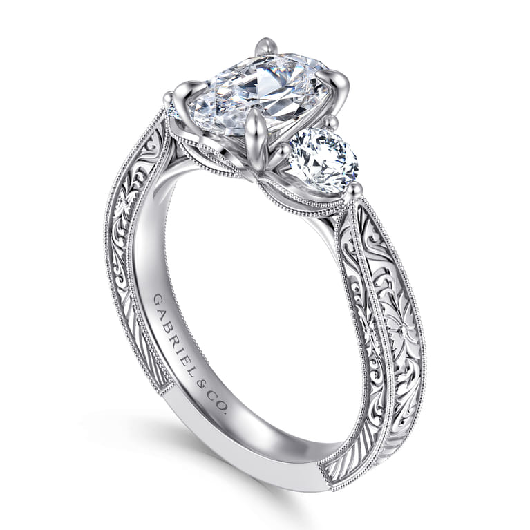 Dany - Vintage Inspired 14K White Gold Oval Three Stone Diamond Engagement Ring - 0.5 ct - Shot 3