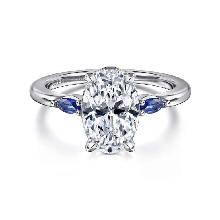 Dela - 14K White Gold Round Three Stone Diamond and Sapphire Engagement Ring - Shot 1