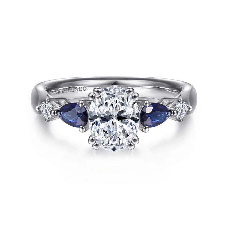 Carrie - 14K White Gold Oval Five Stone Sapphire and Diamond Engagement Ring - 0.1 ct - Shot 1