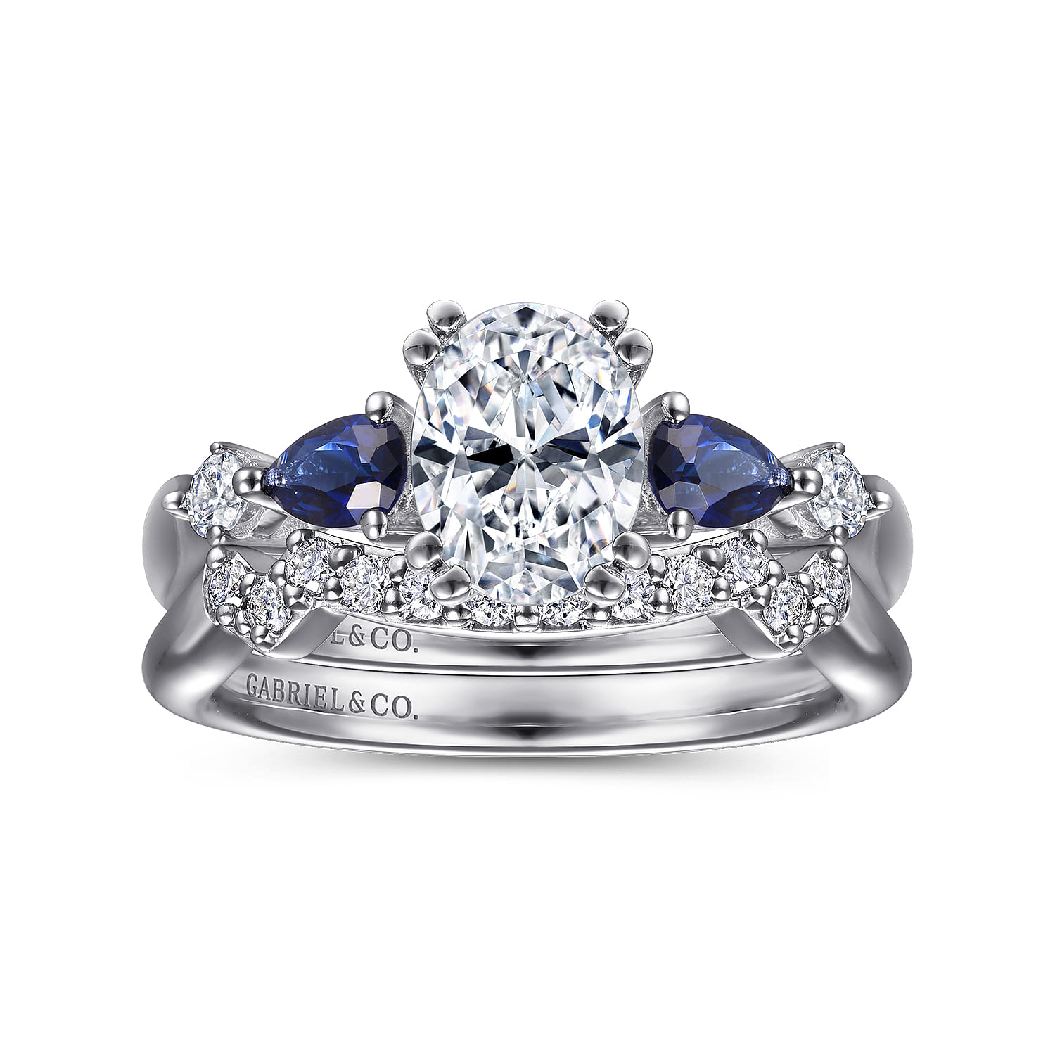 Carrie - 14K White Gold Oval Five Stone Sapphire and Diamond Engagement Ring - 0.1 ct - Shot 4