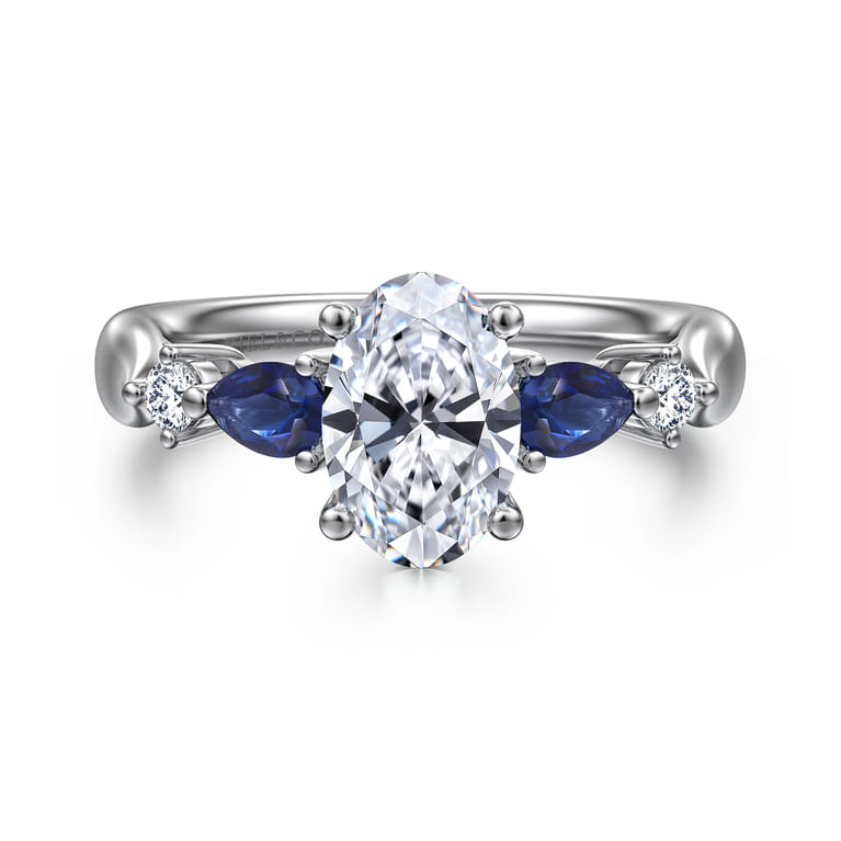 Carrie - 14K White Gold Oval Five Stone Sapphire and Diamond Engagement Ring - 0.1 ct - Shot 1