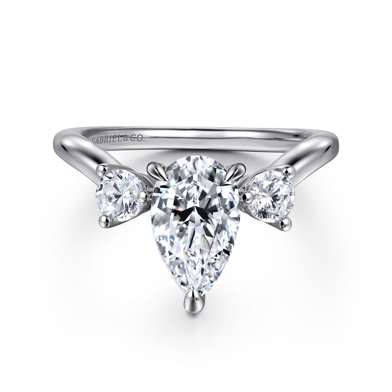 Aidy - 14K White Gold Three Stone Pear Shaped Chevron Engagement Ring - 0.4 ct - Shot 1