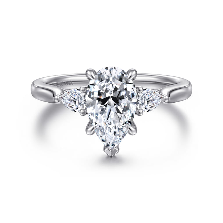 Reema - 14K White Gold Pear Shape Three Stone Lotus Diamond Engagement Ring - 0.24 ct - Shot 1
