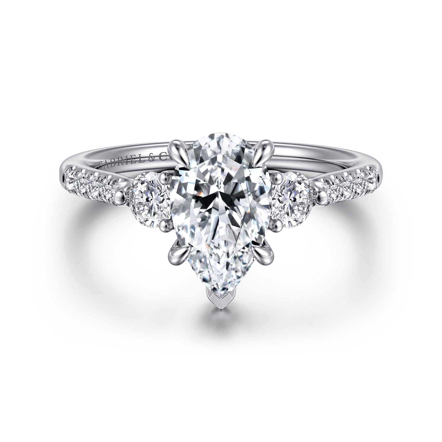 Moon - 14K White Gold Pear Shape Three Stone Lotus Diamond Engagement Ring - 0.4 ct - Shot 1