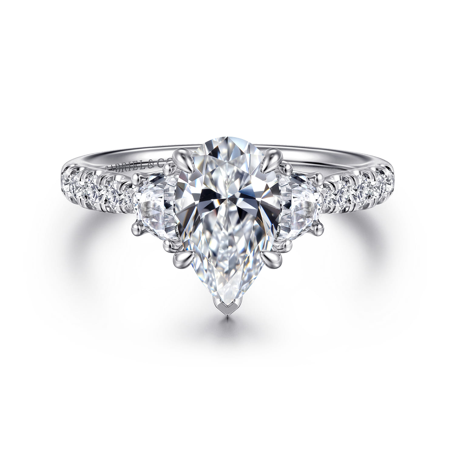 Dee - 14K White Gold Pear Shape Three Stone Lotus Diamond Engagement Ring - 0.6 ct - Shot 1