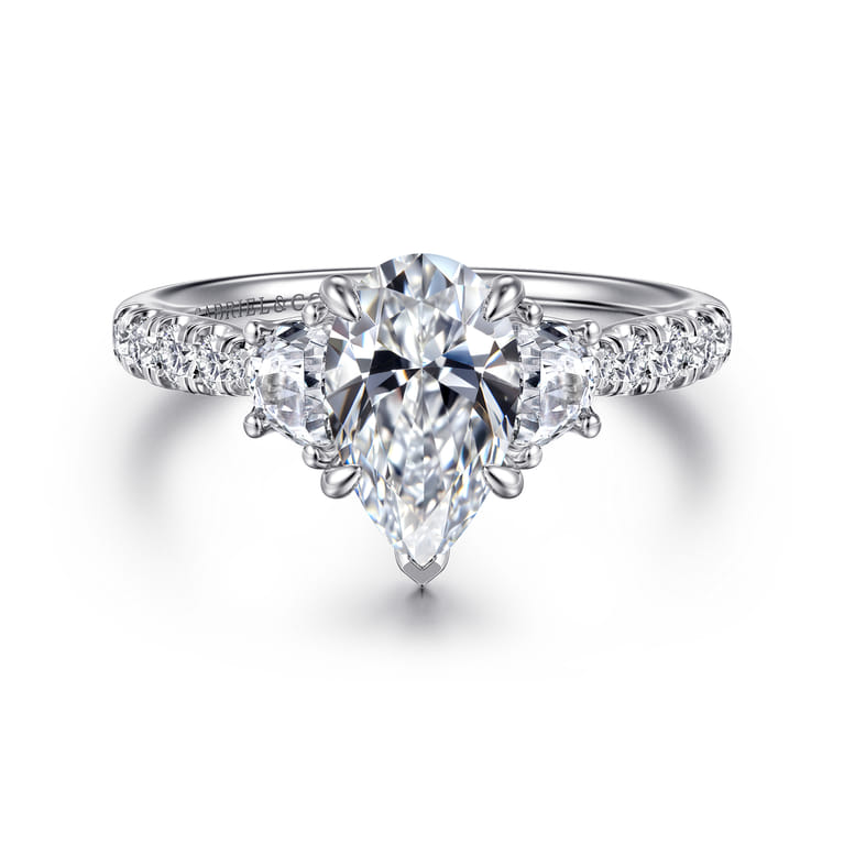 Dee - 14K White Gold Pear Shape Three Stone Lotus Diamond Engagement Ring - 0.6 ct - Shot 1