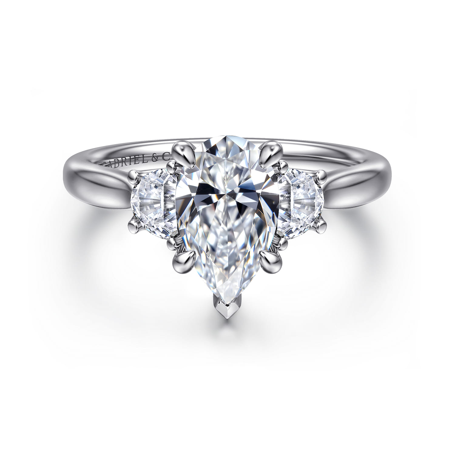 Devon - 14K White Gold Pear Shape Three Stone Lotus Diamond Engagement Ring - 0.38 ct - Shot 1