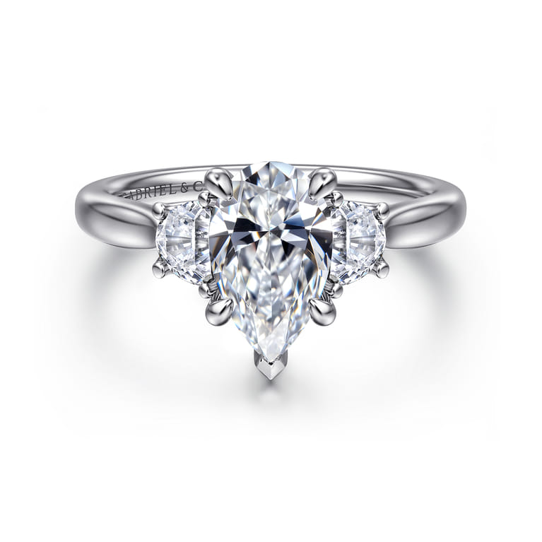 Devon - 14K White Gold Pear Shape Three Stone Lotus Diamond Engagement Ring - 0.38 ct - Shot 1