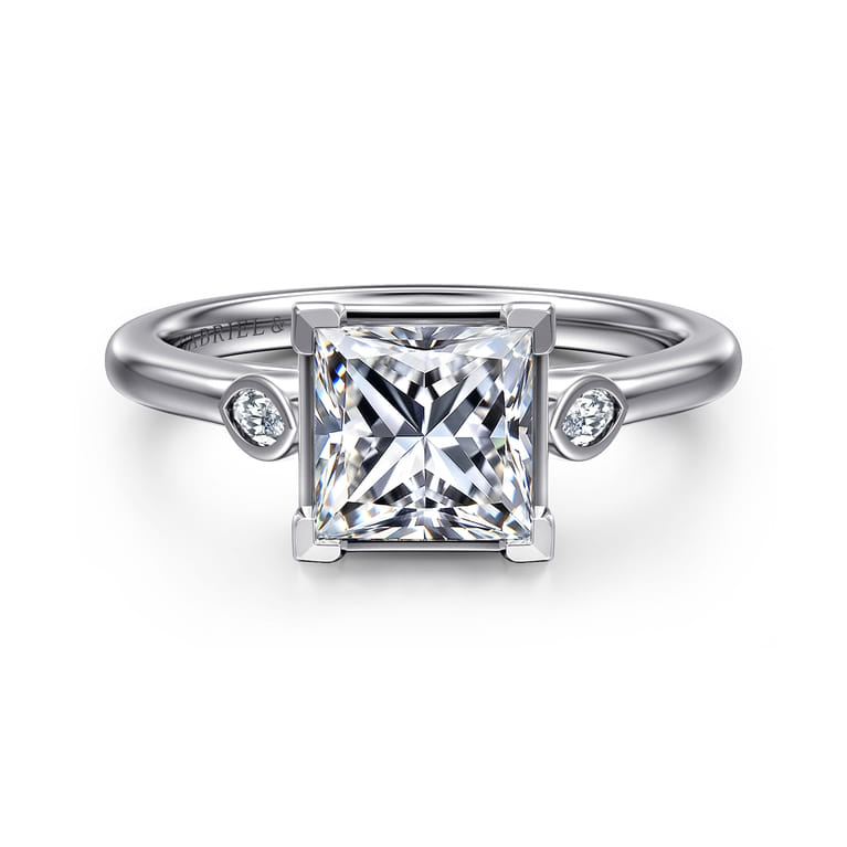Charli - 14K White Gold Bezel Prong Princess Cut Three Stone Diamond Engagement Ring - 0.1 ct - Shot 1