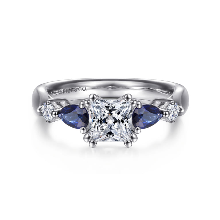 Carrie - 14K White Gold Princess Cut Five Stone Sapphire and Diamond Engagement Ring - 0.1 ct - Shot 1