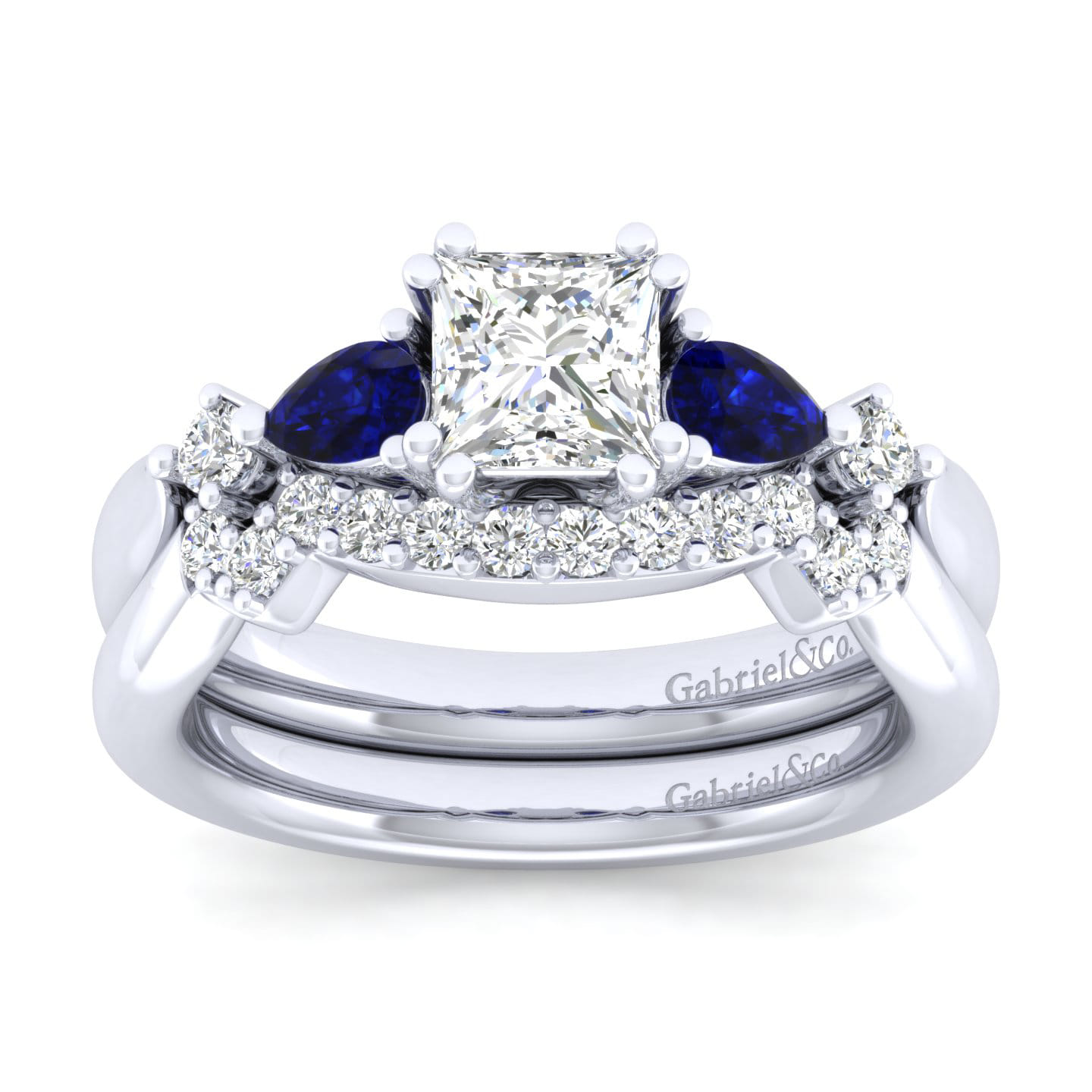Carrie - 14K White Gold Princess Cut Five Stone Sapphire and Diamond Engagement Ring - 0.1 ct - Shot 4