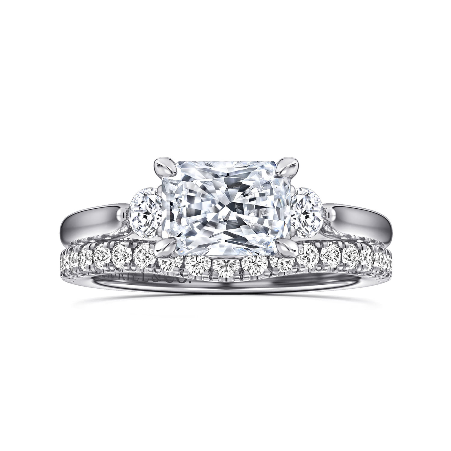 Darline - 14K White Gold Radiant Cut Three Stone Lotus Diamond Engagement Ring - 0.22 ct - Shot 4