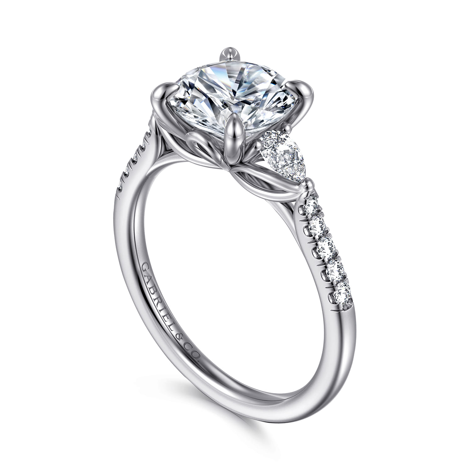 Monty - 14K White Gold Round Three Stone Lotus Diamond Engagement Ring - 0.35 ct - Shot 3