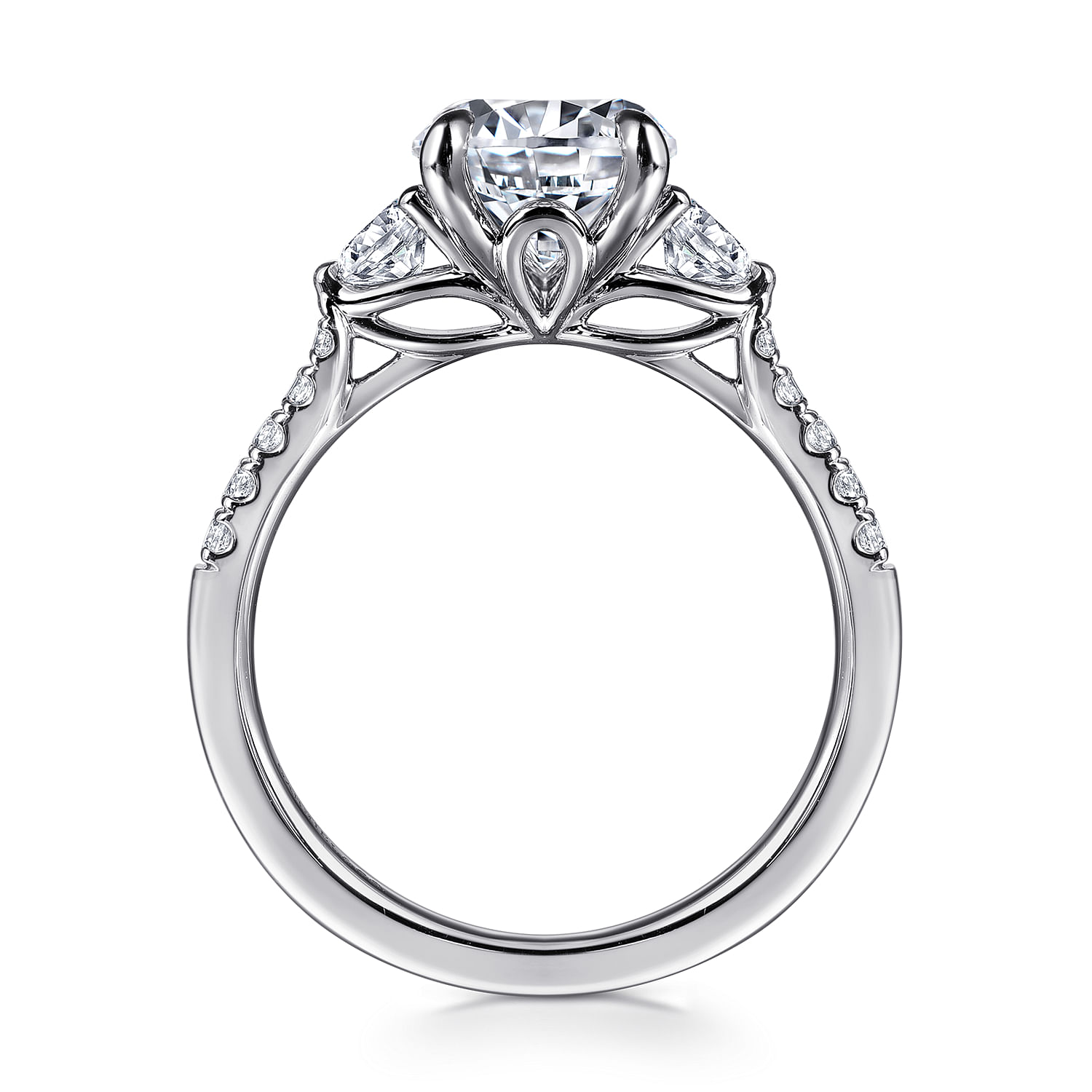 Moon - 14K White Gold Round Three Stone Lotus Diamond Engagement Ring - 0.45 ct - Shot 2