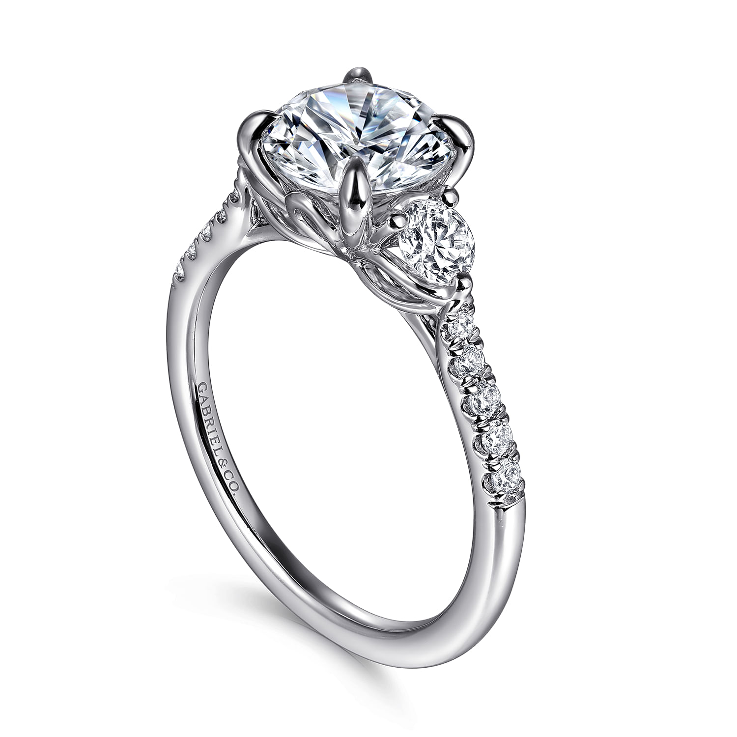 Moon - 14K White Gold Round Three Stone Lotus Diamond Engagement Ring - 0.45 ct - Shot 3