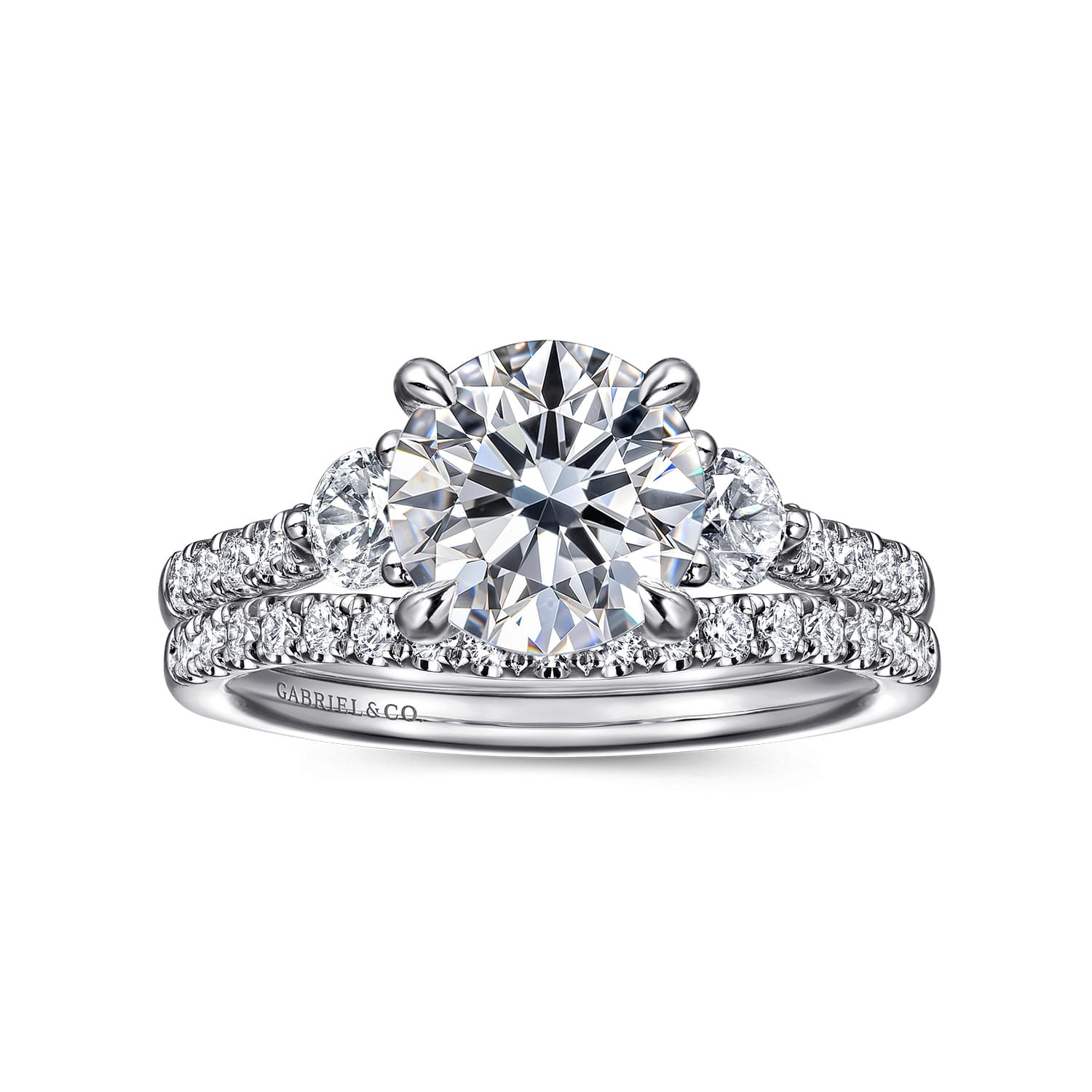 Moon - 14K White Gold Round Three Stone Lotus Diamond Engagement Ring - 0.45 ct - Shot 4