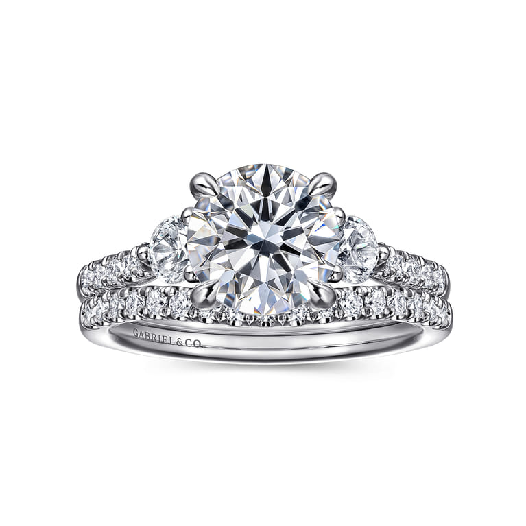 Moon - 14K White Gold Round Three Stone Lotus Diamond Engagement Ring - 0.45 ct - Shot 4