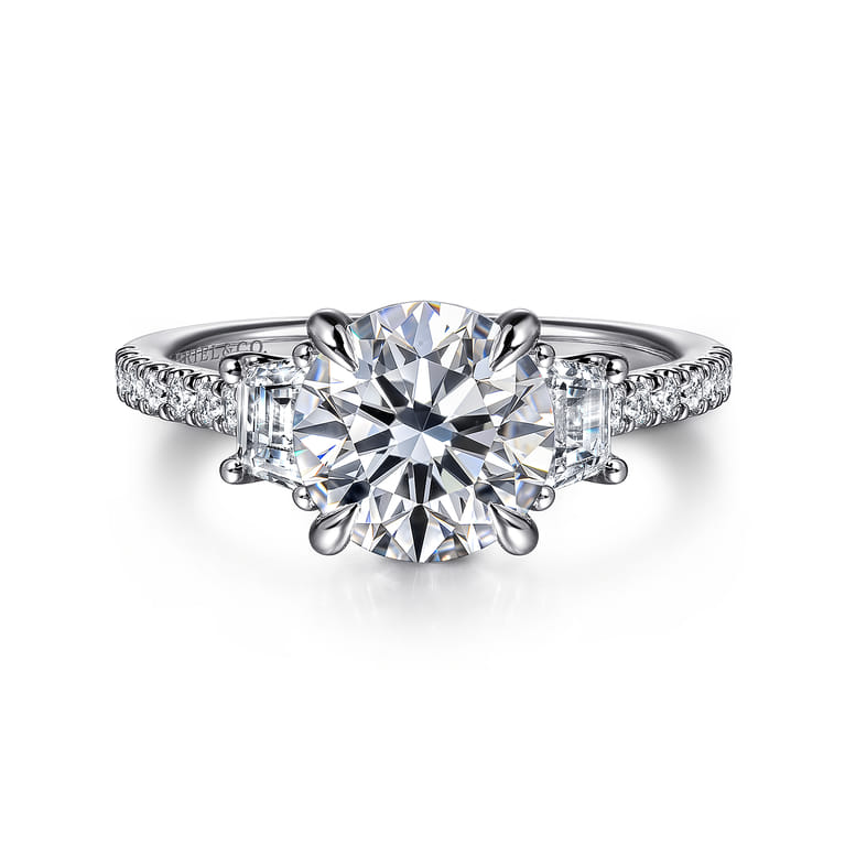 Georgie - 14K White Gold Round Three Stone Lotus Diamond Engagement Ring - 0.6 ct - Shot 1