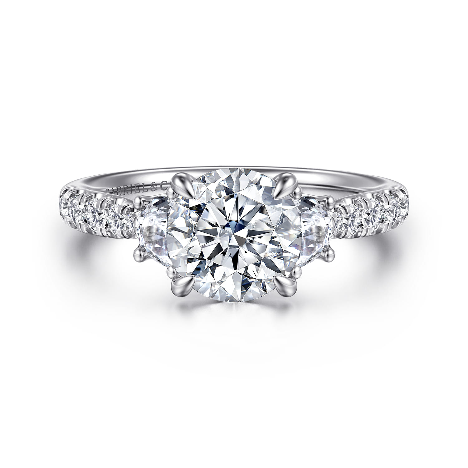 Dee - 14K White Gold Round Three Stone Lotus Diamond Engagement Ring - 0.6 ct - Shot 1