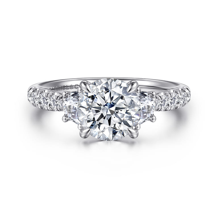 Dee - 14K White Gold Round Three Stone Lotus Diamond Engagement Ring - 0.6 ct - Shot 1