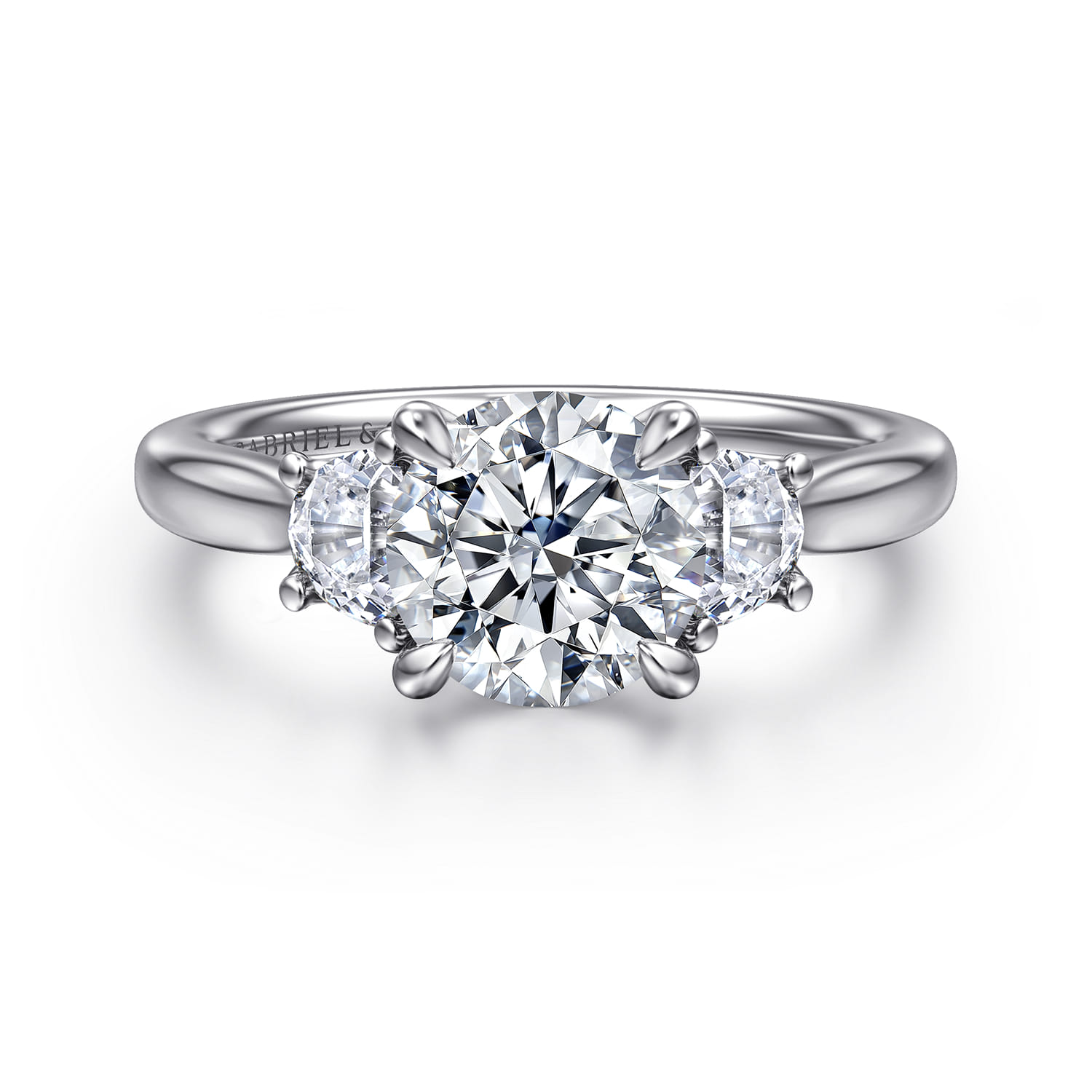 Devon - 14K White Gold Round Three Stone Lotus Diamond Engagement Ring - 0.38 ct - Shot 1