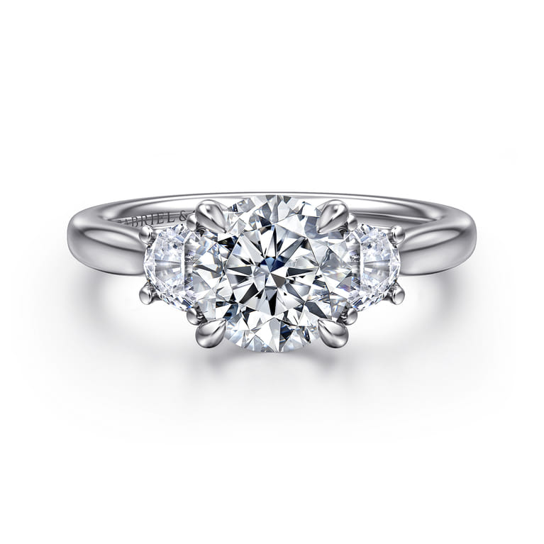 Devon - 14K White Gold Round Three Stone Lotus Diamond Engagement Ring - 0.38 ct - Shot 1