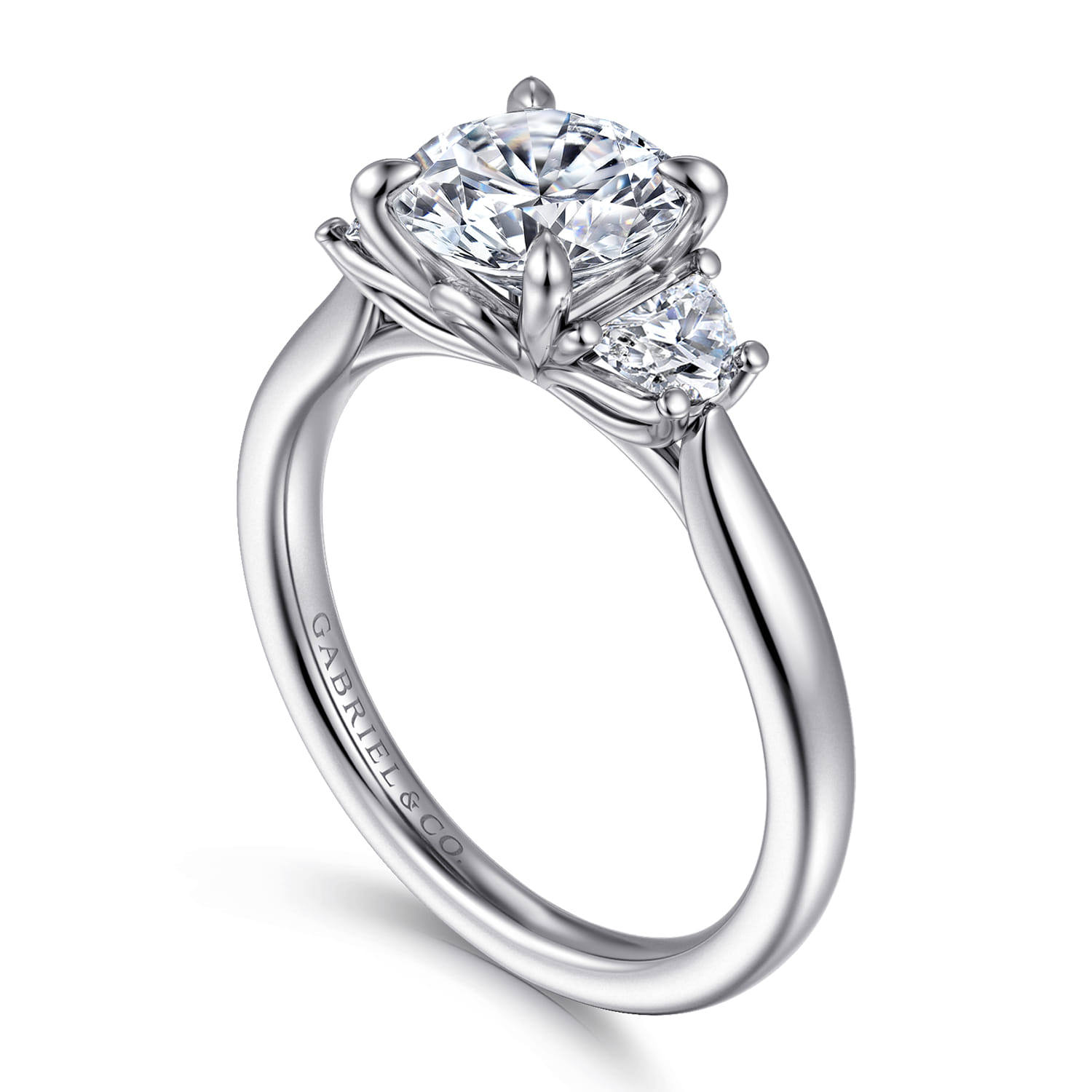 Devon - 14K White Gold Round Three Stone Lotus Diamond Engagement Ring - 0.38 ct - Shot 3