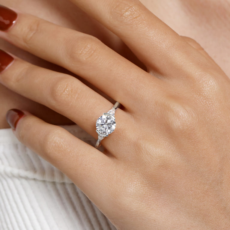 Alesandra - 14K White Gold Half Bezel Round Three Stone Diamond Engagement Ring - 0.3 ct - Shot 6