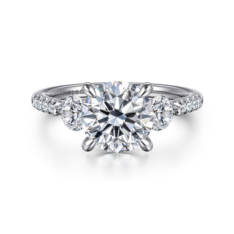Moon - 14K White Gold Round Three Stone Lotus Diamond Engagement Ring - 0.6 ct - Shot 1