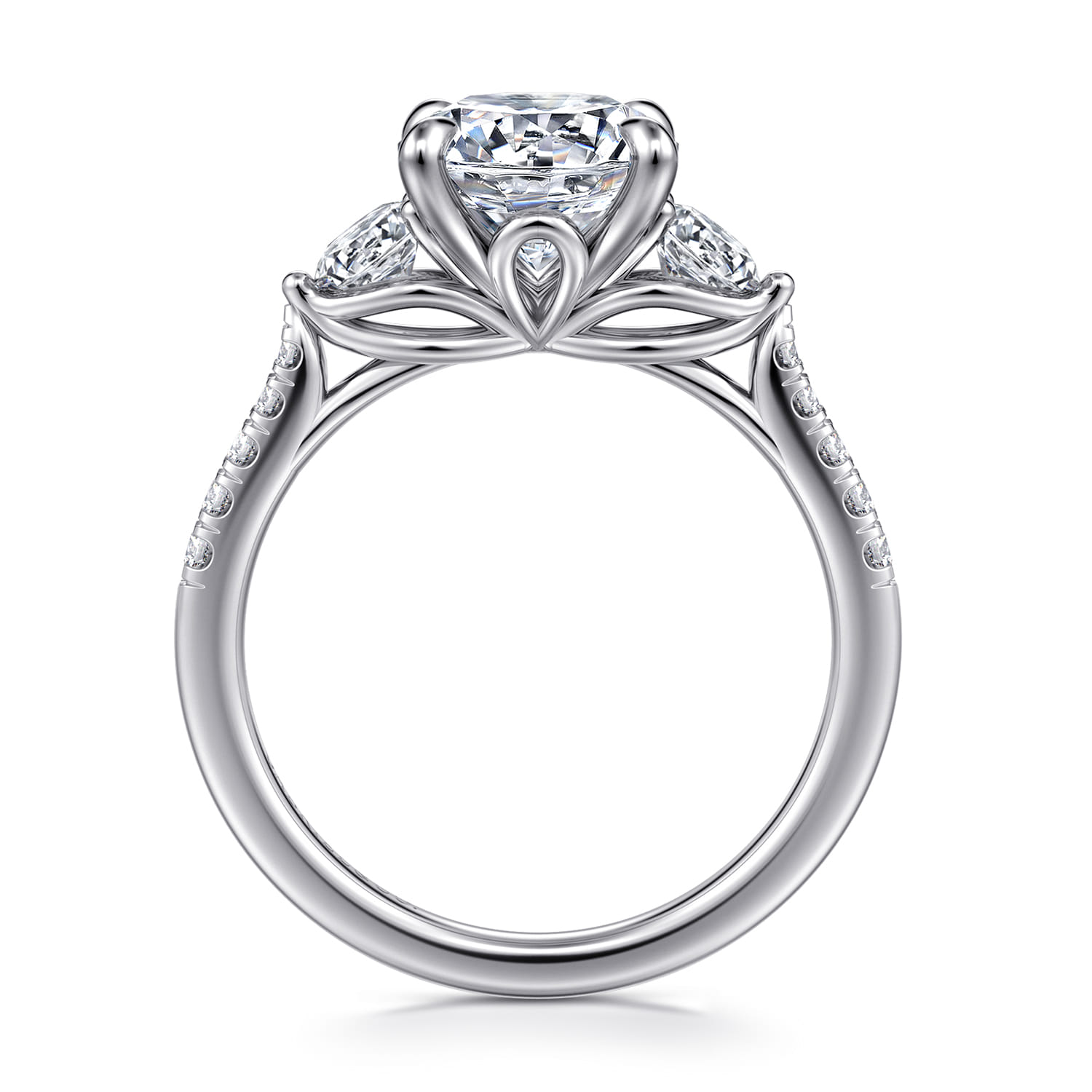 Moon - 14K White Gold Round Three Stone Lotus Diamond Engagement Ring - 0.6 ct - Shot 2