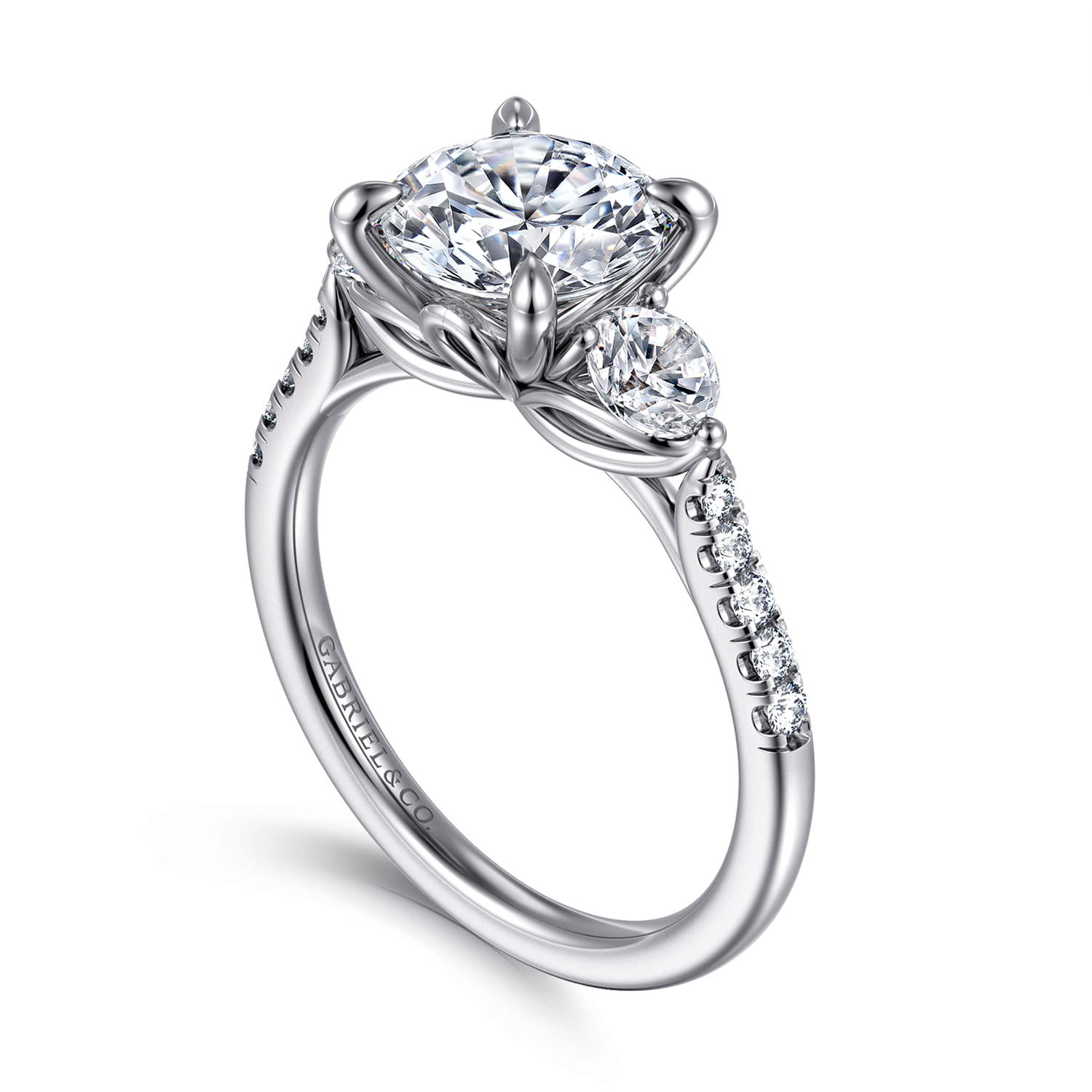 Moon - 14K White Gold Round Three Stone Lotus Diamond Engagement Ring - 0.6 ct - Shot 3