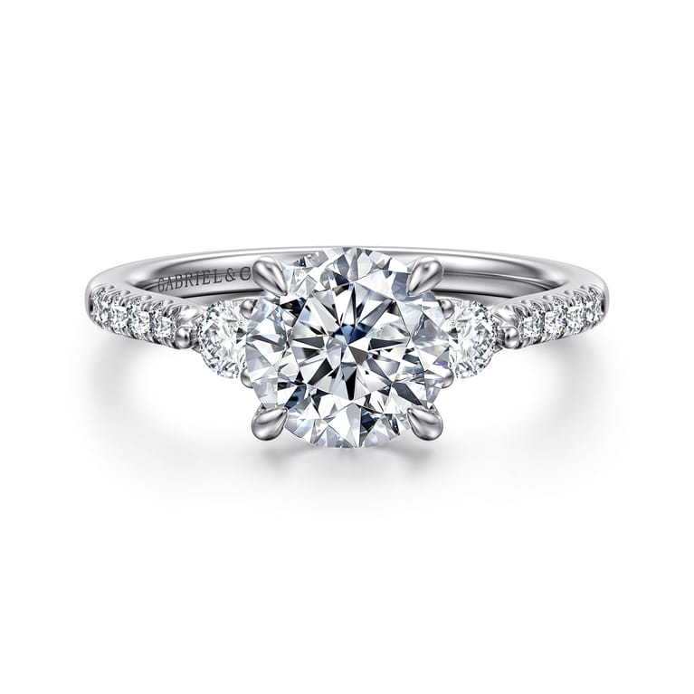 Moon - 14K White Gold Round Three Stone Lotus Diamond Engagement Ring - 0.3 ct - Shot 1