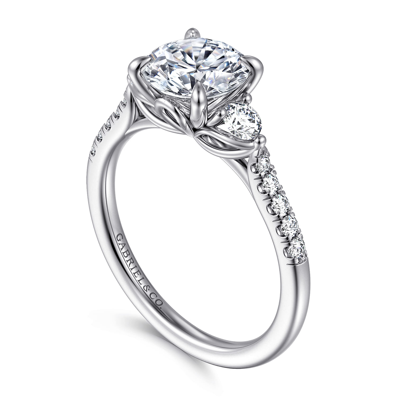 Moon - 14K White Gold Round Three Stone Lotus Diamond Engagement Ring - 0.3 ct - Shot 3