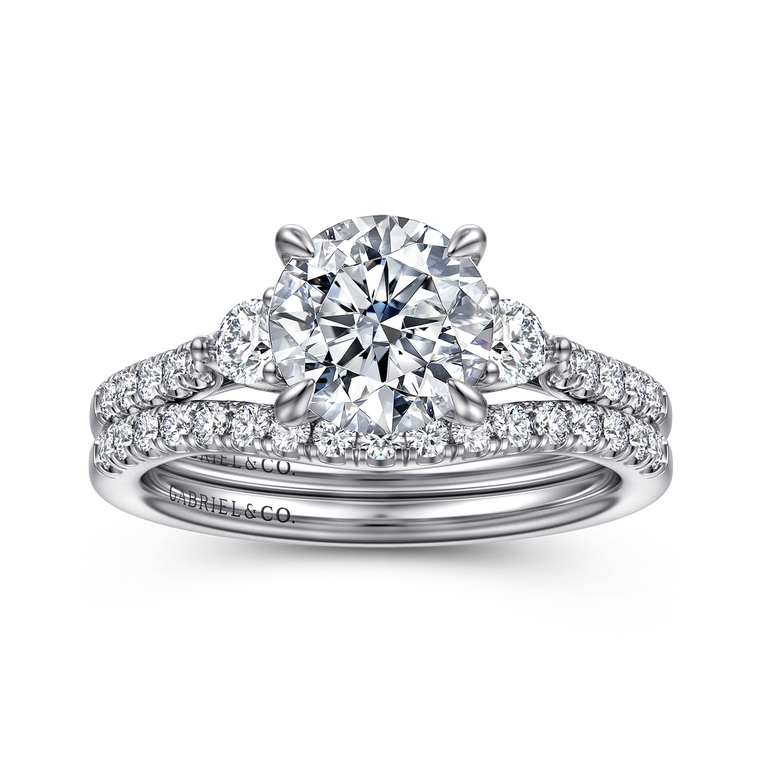Moon - 14K White Gold Round Three Stone Lotus Diamond Engagement Ring - 0.3 ct - Shot 4