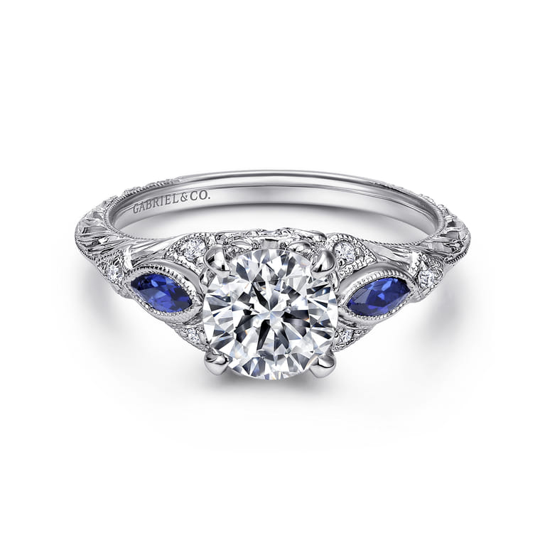 Enchanted - Vintage Inspired 14K White Gold Round Three Stone Sapphire and Diamond Engagement Ring - 0.06 ct - Shot 1